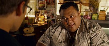 Movie still from “A Perfect Getaway” (2009), directed by David Twohy – A person wearing a shirt and a tie; Close Up shot, Over the shoulder angle