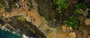 Movie still from “A Perfect Getaway” (2009), directed by David Twohy – A person standing next to a tree on a cliff; Extreme Wide shot, Overhead angle
