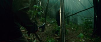 Movie still from “A Perfect Getaway” (2009), directed by David Twohy – A person holding a hammer in the woods; Medium shot, Over the shoulder angle