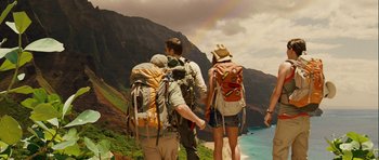Movie still from “A Perfect Getaway” (2009), directed by David Twohy – A group of people standing on top of a hill; Wide shot, High angle