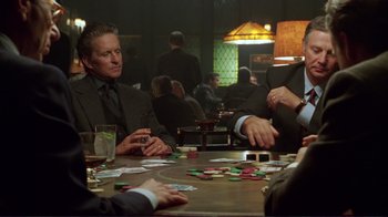 Movie still from “A Perfect Murder” (1998), directed by Andrew Davis – A group of men sitting at a table playing cards; Medium shot, Over the shoulder angle
