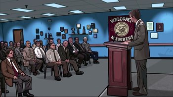 Movie still from “A Scanner Darkly” (2006), directed by Richard Linklater – A group of people sitting in front of a podium; Extreme Wide shot, High angle