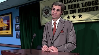 Movie still from “A Scanner Darkly” (2006), directed by Richard Linklater – A man in a gray suit and red tie sitting in front of a microphone; Close Up shot, Over the shoulder angle