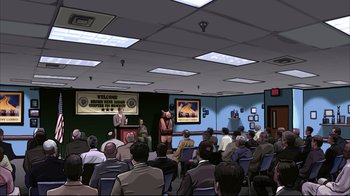 Movie still from “A Scanner Darkly” (2006), directed by Richard Linklater – A group of people sitting in front of a projector screen; Extreme Wide shot, High angle