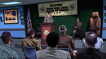 Movie still from “A Scanner Darkly” (2006), directed by Richard Linklater – A man is giving a speech to a group of people; Wide shot, High angle