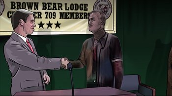 Movie still from “A Scanner Darkly” (2006), directed by Richard Linklater – A man shaking hands with another man at a table; Medium shot, Over the shoulder angle