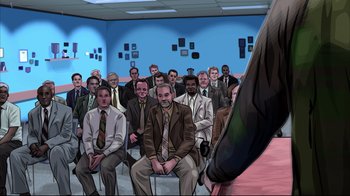 Movie still from “A Scanner Darkly” (2006), directed by Richard Linklater – A group of people sitting in front of a man; Wide shot, High angle
