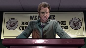 Movie still from “A Scanner Darkly” (2006), directed by Richard Linklater – A man is standing at a podium with a microphone in front of him; Close Up shot, Over the shoulder angle