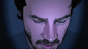 Movie still from “A Scanner Darkly” (2006), directed by Richard Linklater – An illustration of a man with a beard and mustache; Extreme Close Up shot, Low angle