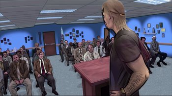 Movie still from “A Scanner Darkly” (2006), directed by Richard Linklater – A group of people sitting in front of a man in front of a podium; Wide shot, High angle