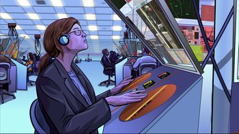 Movie still from “A Scanner Darkly” (2006), directed by Richard Linklater – A cartoon of a woman wearing headphones in an airport; Medium shot, Low angle