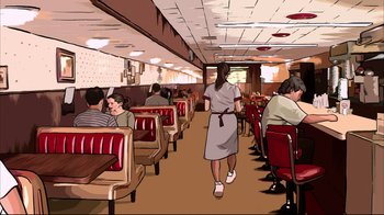 Movie still from “A Scanner Darkly” (2006), directed by Richard Linklater – An illustration of people sitting at tables in a restaurant; Wide shot, High angle