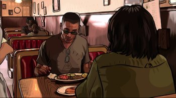 Movie still from “A Scanner Darkly” (2006), directed by Richard Linklater – Two people sitting at a table eating food; Close Up shot, Low angle