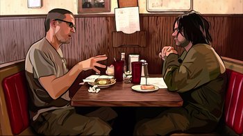 Movie still from “A Scanner Darkly” (2006), directed by Richard Linklater – Two men sitting at a table in front of a plate of food; Medium shot, High angle