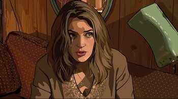 Movie still from “A Scanner Darkly” (2006), directed by Richard Linklater – An animated picture of a woman with long brown hair; Close Up shot, Overhead angle