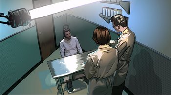 Movie still from “A Scanner Darkly” (2006), directed by Richard Linklater – A group of people standing around a table in a room; Wide shot, High angle