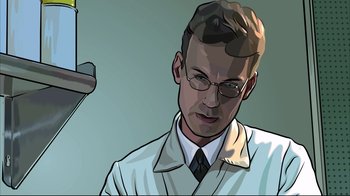Movie still from “A Scanner Darkly” (2006), directed by Richard Linklater – A man in a white lab coat and glasses; Close Up shot, Low angle