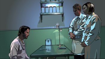 Movie still from “A Scanner Darkly” (2006), directed by Richard Linklater – Two men in lab coats and aprons stand in front of a table; Medium shot, Low angle