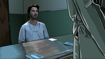 Movie still from “A Scanner Darkly” (2006), directed by Richard Linklater – A man sitting at a table in front of another man; Medium shot, Over the shoulder angle