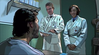 Movie still from “A Scanner Darkly” (2006), directed by Richard Linklater – A group of doctors standing in a room with a patient; Medium shot, Over the shoulder angle