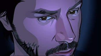 Movie still from “A Scanner Darkly” (2006), directed by Richard Linklater – A man with a beard and a mustache is looking at the camera; Extreme Close Up shot, High angle