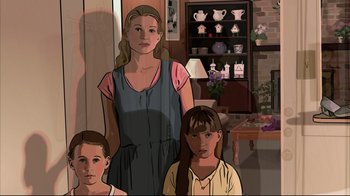 Movie still from “A Scanner Darkly” (2006), directed by Richard Linklater – A woman and two children stand in a living room; Medium shot, High angle