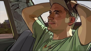 Movie still from “A Scanner Darkly” (2006), directed by Richard Linklater – A man in a green shirt and a hat is in the back of a car; Close Up shot, Low angle