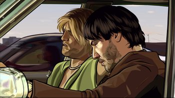 Movie still from “A Scanner Darkly” (2006), directed by Richard Linklater – Two men sitting in the back seat of a car; Close Up shot, Low angle
