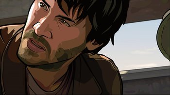 Movie still from “A Scanner Darkly” (2006), directed by Richard Linklater – An illustration of a man with long hair and a beard; Close Up shot, Low angle