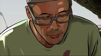 Movie still from “A Scanner Darkly” (2006), directed by Richard Linklater – An illustration of a man wearing glasses and a baseball cap; Close Up shot, Overhead angle