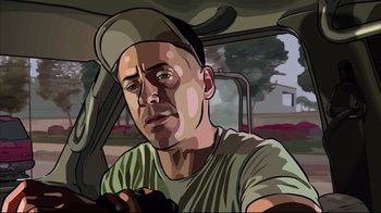 Movie still from “A Scanner Darkly” (2006), directed by Richard Linklater – A man with a baseball cap driving in a car; Close Up shot, Overhead angle