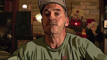 Movie still from “A Scanner Darkly” (2006), directed by Richard Linklater – An image of a man with a hat on his head; Close Up shot, Overhead angle