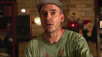 Movie still from “A Scanner Darkly” (2006), directed by Richard Linklater – A man with a hat is looking at the camera; Close Up shot, Overhead angle