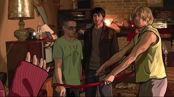 Movie still from “A Scanner Darkly” (2006), directed by Richard Linklater – Two men and a woman holding a red ribbon in front of a brick wall; Medium shot, High angle