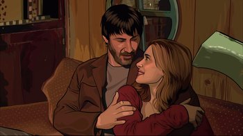 Movie still from “A Scanner Darkly” (2006), directed by Richard Linklater – A man and a woman are holding each other; Close Up shot, Low angle