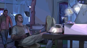 Movie still from “A Scanner Darkly” (2006), directed by Richard Linklater – A man sitting in a chair in front of a computer; Wide shot, Low angle