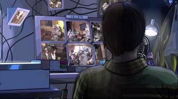 Movie still from “A Scanner Darkly” (2006), directed by Richard Linklater – A person looking at a bunch of pictures on a wall; Wide shot, High angle
