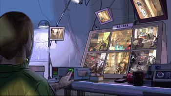 Movie still from “A Scanner Darkly” (2006), directed by Richard Linklater – A person is playing a video game on a computer screen; Extreme Close Up shot, Low angle