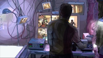 Movie still from “A Scanner Darkly” (2006), directed by Richard Linklater – A man standing in front of a window with multiple monitors; Wide shot, High angle