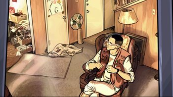 Movie still from “A Scanner Darkly” (2006), directed by Richard Linklater – A man sitting in a chair in a living room; Wide shot, High angle