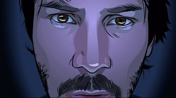 Movie still from “A Scanner Darkly” (2006), directed by Richard Linklater – A man with a beard and a mustache; Extreme Close Up shot, Overhead angle