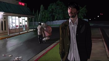 Movie still from “A Scanner Darkly” (2006), directed by Richard Linklater – A man standing in front of two other men; Medium shot, Over the shoulder angle