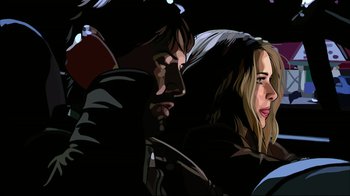 Movie still from “A Scanner Darkly” (2006), directed by Richard Linklater – A man and a woman are looking at each other in the dark; Close Up shot, Low angle