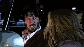 Movie still from “A Scanner Darkly” (2006), directed by Richard Linklater – A man and a woman are talking to each other; Close Up shot, Over the shoulder angle