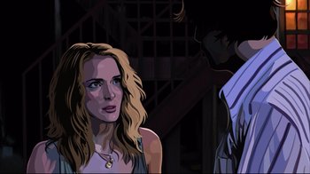 Movie still from “A Scanner Darkly” (2006), directed by Richard Linklater – A woman standing next to a man in front of a building; Medium shot, Low angle