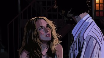 Movie still from “A Scanner Darkly” (2006), directed by Richard Linklater – An animated picture of a woman and a man; Close Up shot, Overhead angle