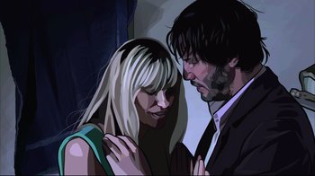 Movie still from “A Scanner Darkly” (2006), directed by Richard Linklater – A man and a woman looking at one another; Close Up shot, Low angle