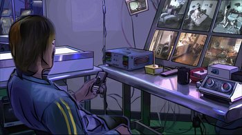 Movie still from “A Scanner Darkly” (2006), directed by Richard Linklater – A man sitting in front of a computer monitor holding a game controller; Close Up shot, High angle