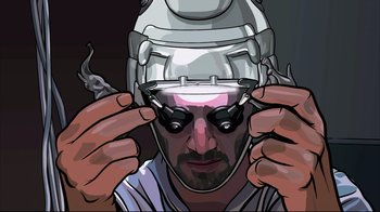 Movie still from “A Scanner Darkly” (2006), directed by Richard Linklater – A man with a helmet on his head; Extreme Close Up shot, Overhead angle