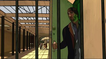 Movie still from “A Scanner Darkly” (2006), directed by Richard Linklater – An animated man standing in front of an open door; Wide shot, Overhead angle
